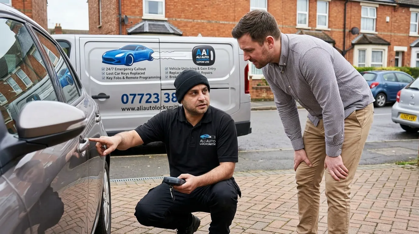 Ali providing emergency vehicle unlocking for a driver locked out of their car in Dunstable
