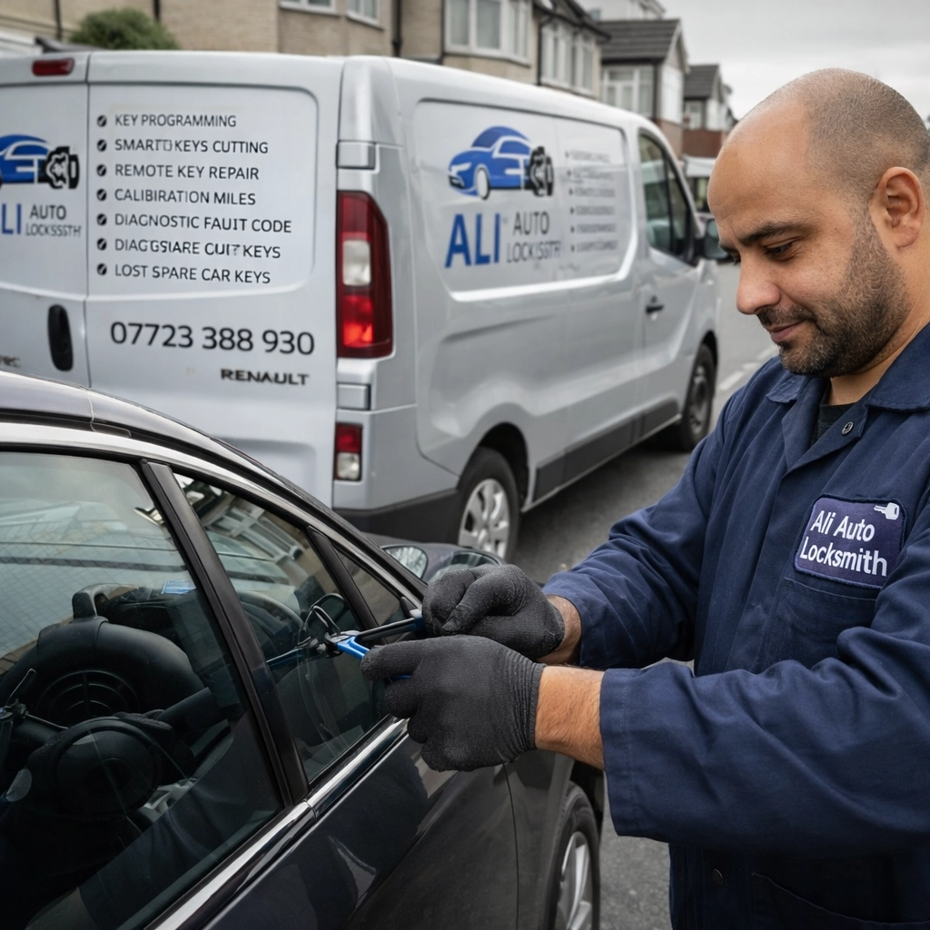 Auto locksmith Luton – Ali performing emergency car door entry with branded van in background on a residential street