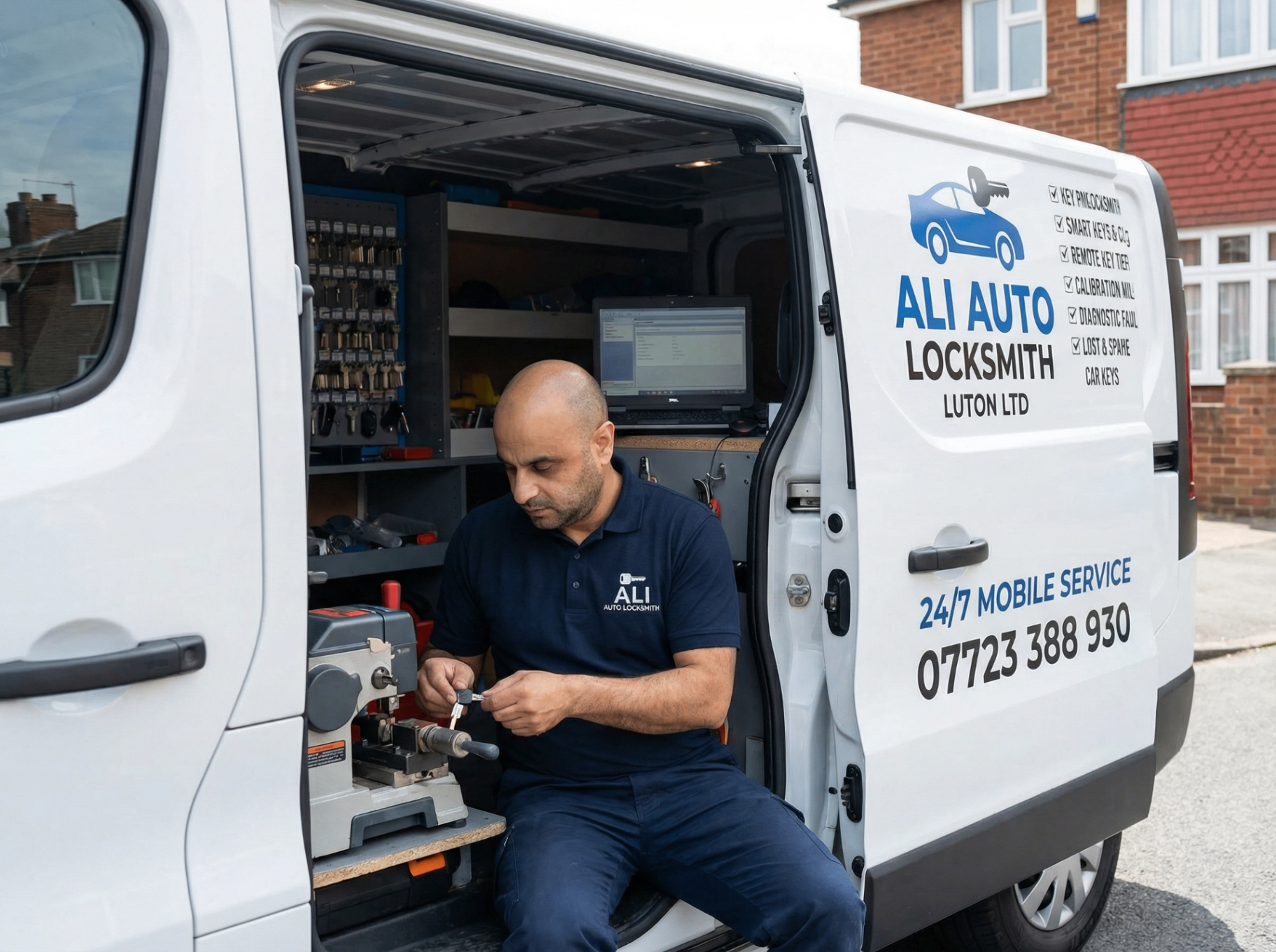Murad Ali cutting car keys at mobile workshop van, Luton