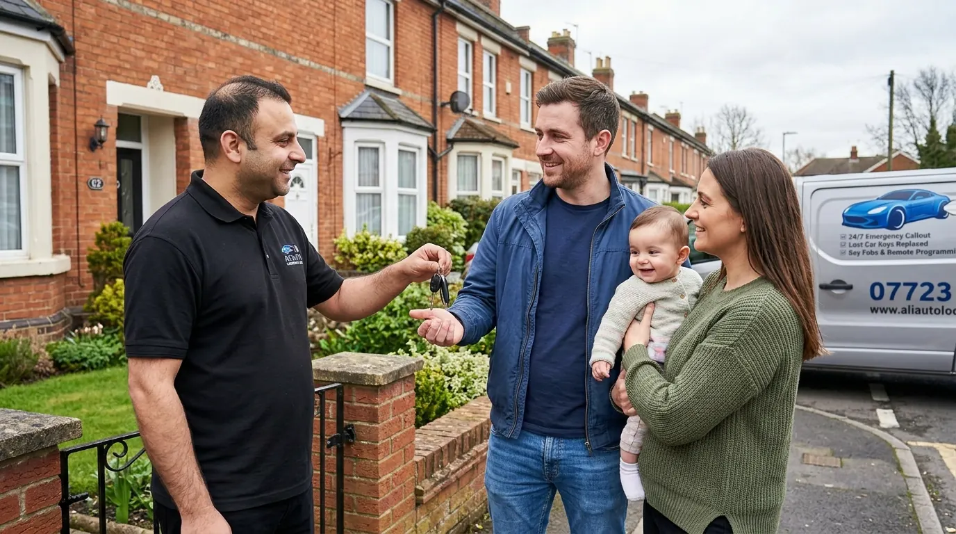 Ali handing replacement car keys back to a satisfied customer family in Luton