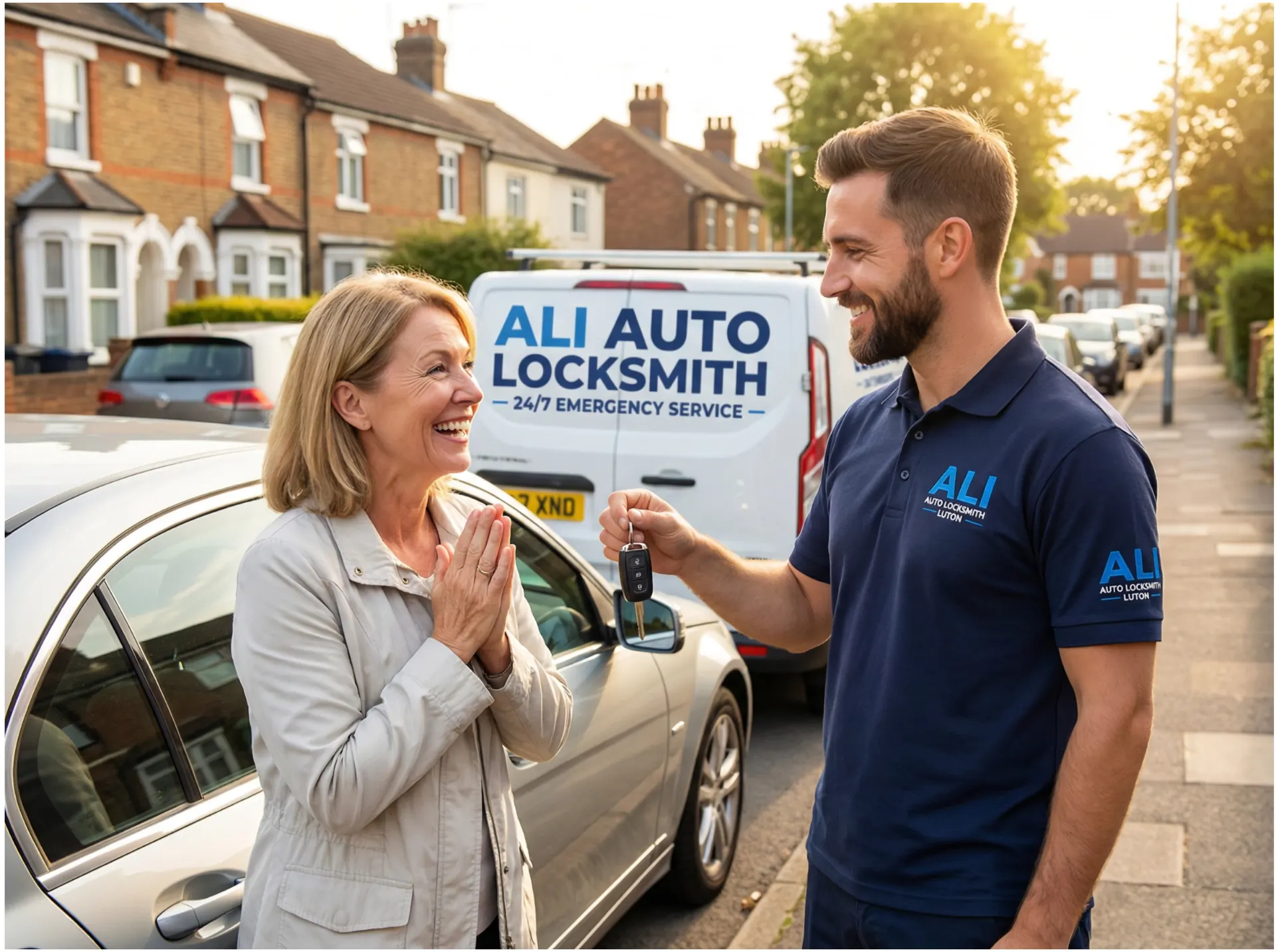 Ali Auto Locksmith handing car keys back to a happy customer in Luton