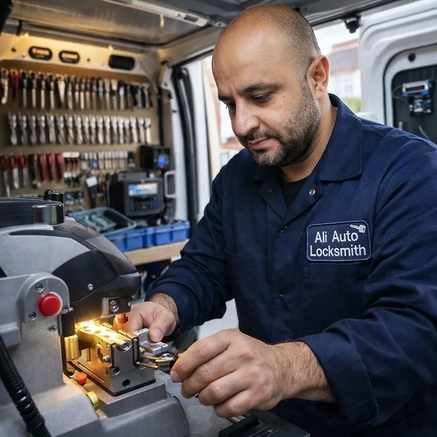 Car key cutting Luton – Ali cutting a new car key using professional equipment inside his mobile locksmith van