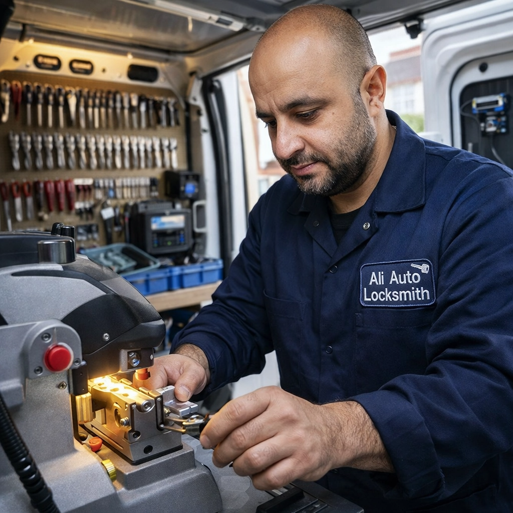 Car key cutting Luton – Ali cutting a new car key using professional equipment inside his mobile locksmith van
