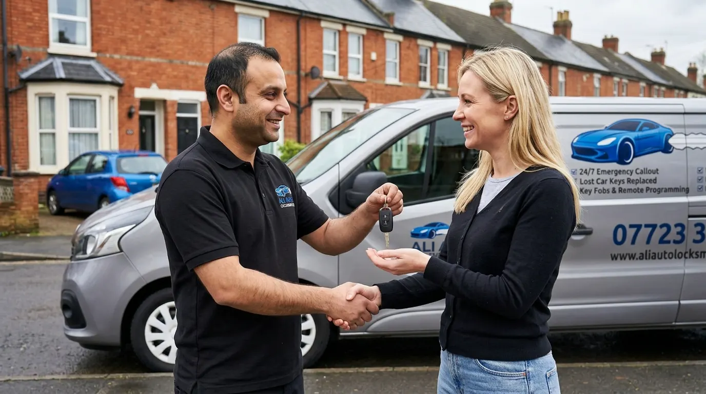 Murad Ali handing over a freshly cut car key to a satisfied customer in Luton