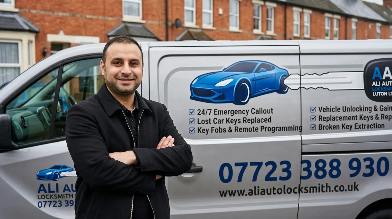 Ali standing confidently in front of his branded Ali Auto Locksmith van in Luton