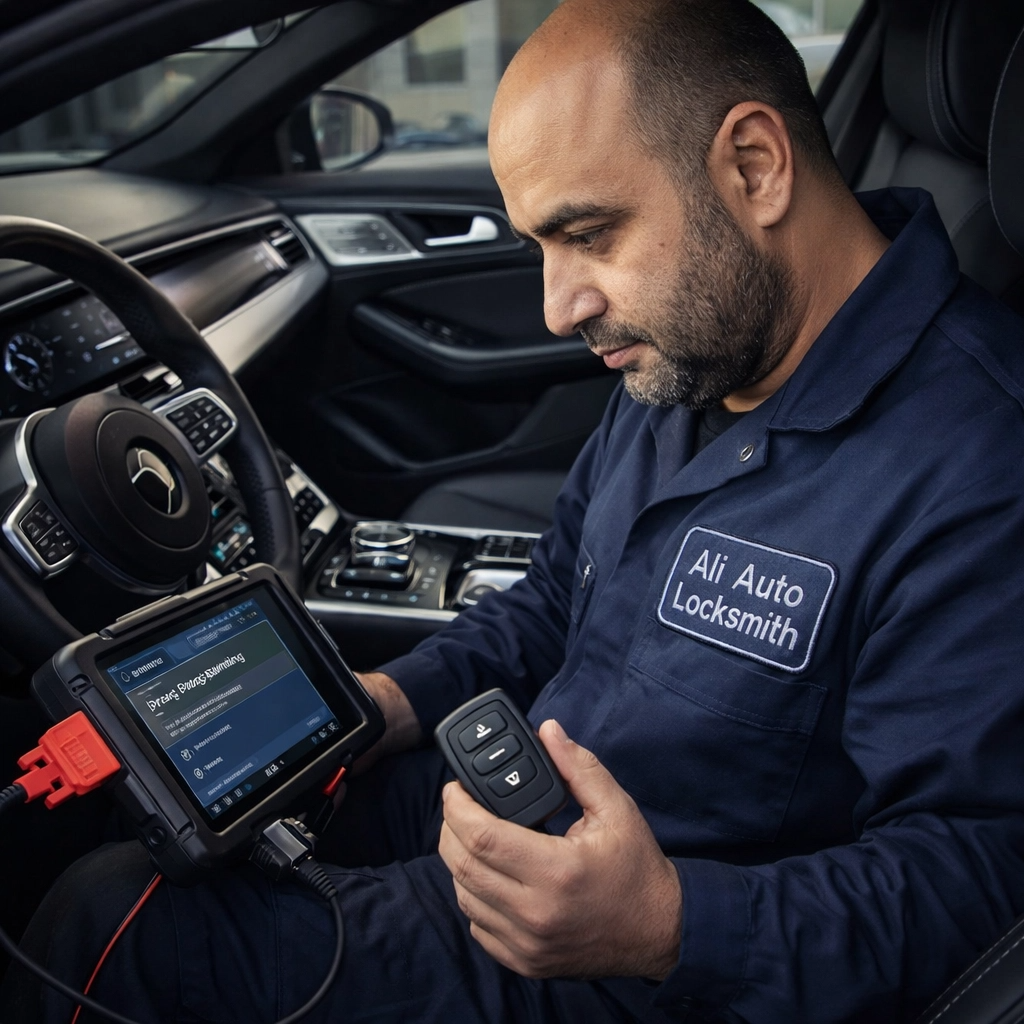 Car key programming Luton – Ali programming a key fob with OBD diagnostic equipment inside a vehicle