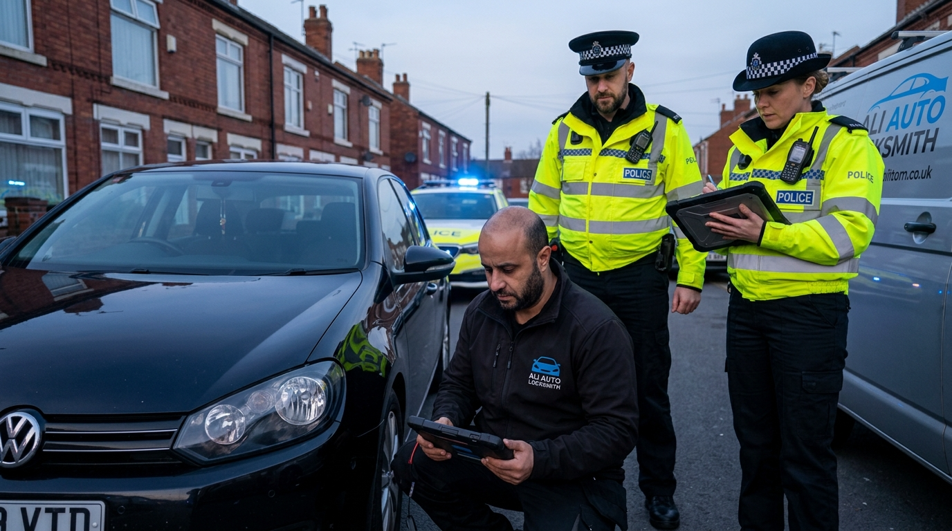 Murad Ali working alongside police officers to assist with a vehicle lockout in Luton