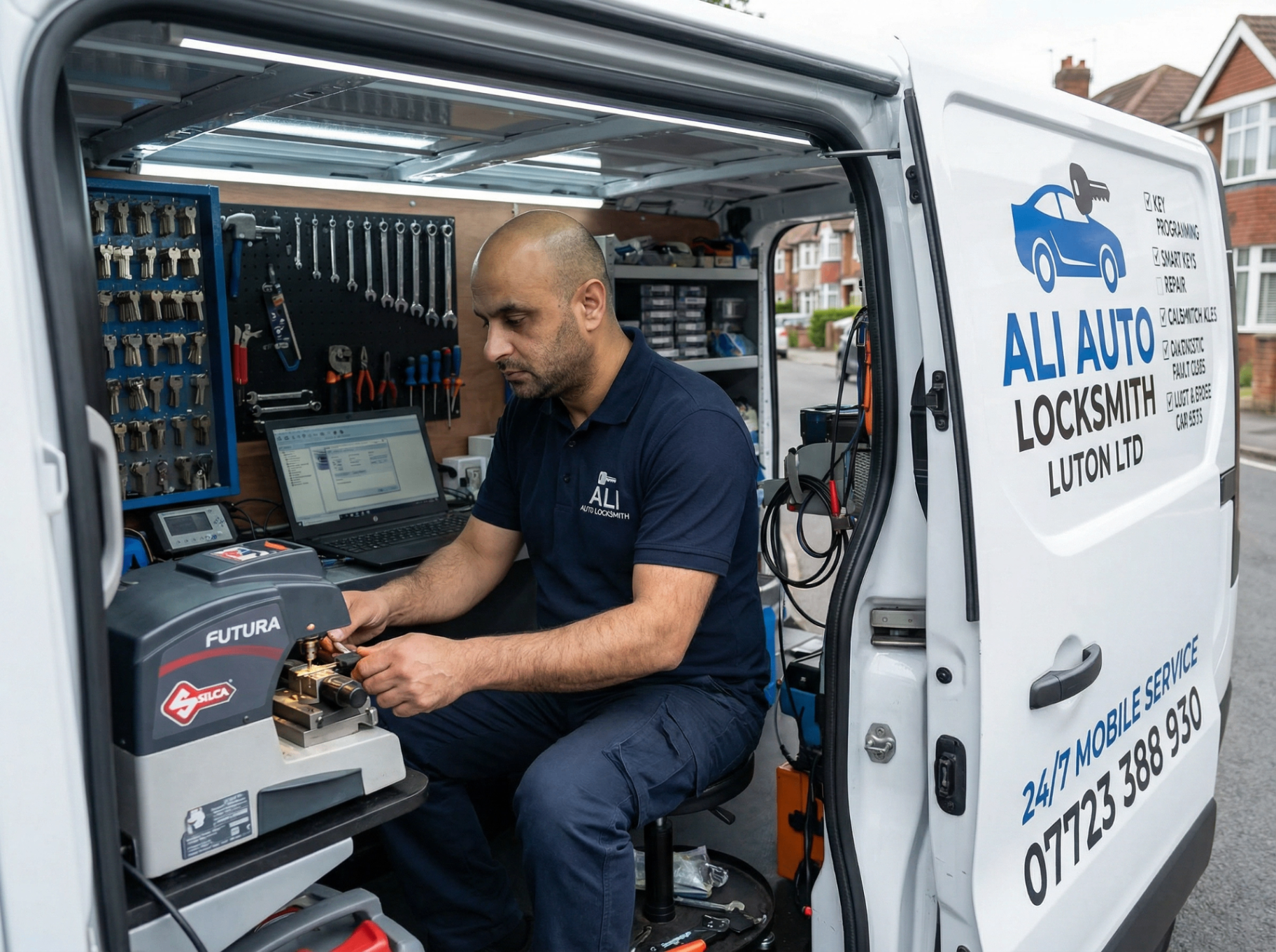 Murad Ali cutting a car key in his fully-equipped mobile locksmith van in Luton