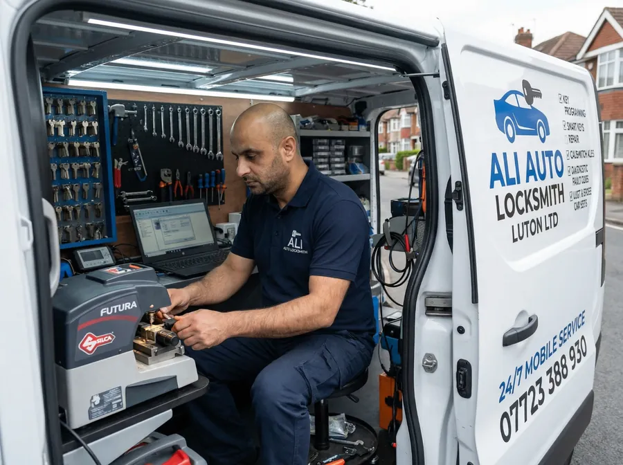 Murad Ali cutting a car key in his fully-equipped mobile locksmith van in Luton