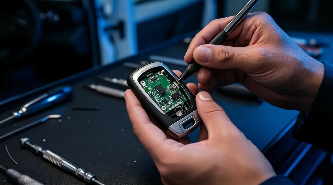 Mobile auto locksmith helping with a remote key fob repair in Luton