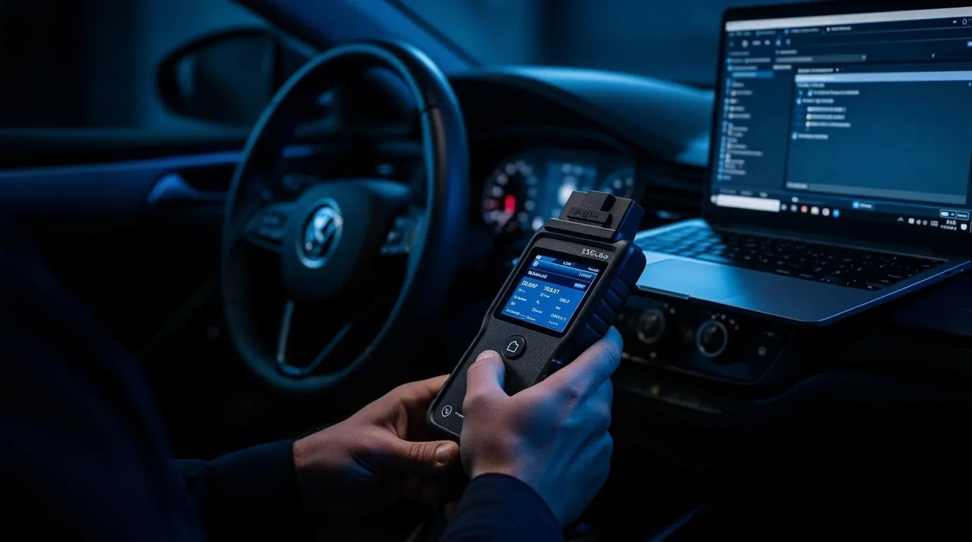 Mobile auto locksmith programming a car key at a customer location in Luton